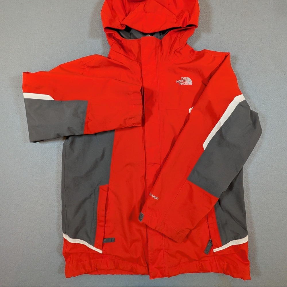 The North Face HyVent Rain Jacket Kids XXL‎ Orange Grey Colorblock Hooded Shell